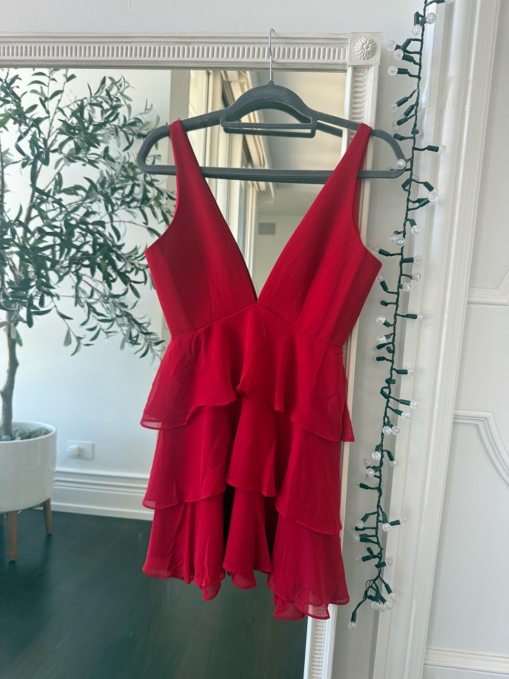 Privacy Please Red V-Neck Tiered Ruffle Dress